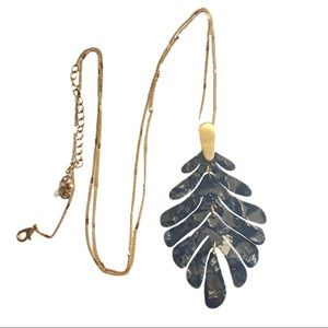 Unique gold chain with‎ black and gray large segmented leaf pendant necklace
